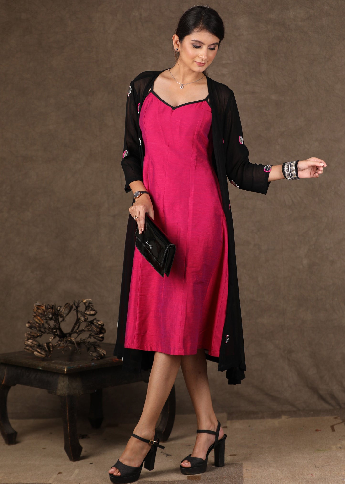 Black Georgette Shrug Dress with Hand Mirror Work All Over and Magenta Inner in Contrast -2 Piece (Shrug & Dress Set)