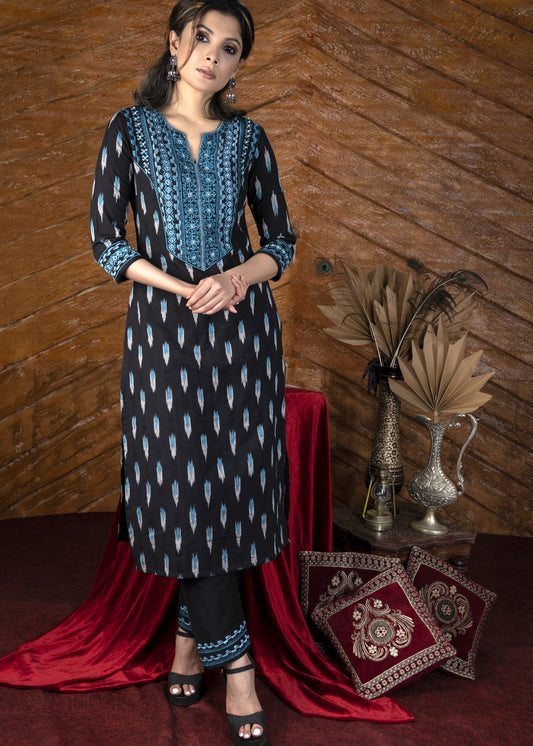 Exclusive black ikat kurta with embroidered yoke.