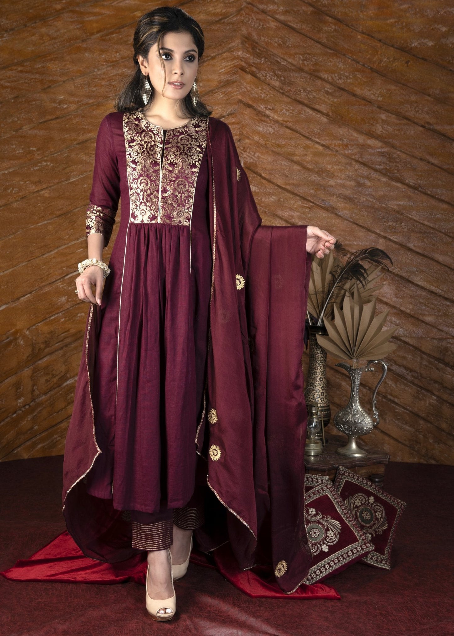 Exclusive wine colored cotton Kurta with brocade yoke & embroidered cotton pants - Dupatta optional.