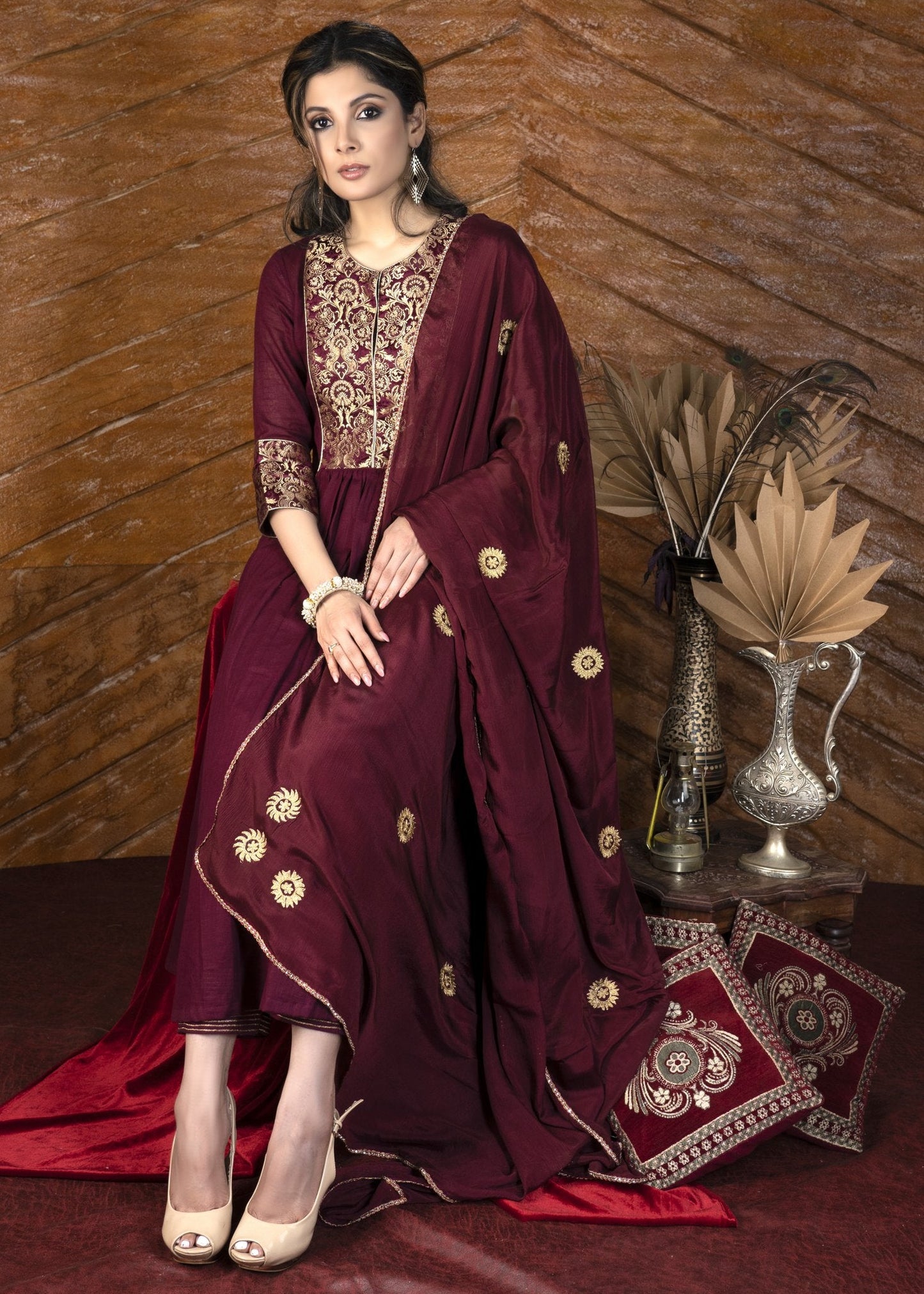 Exclusive wine colored cotton Kurta with brocade yoke & embroidered cotton pants - Dupatta optional.