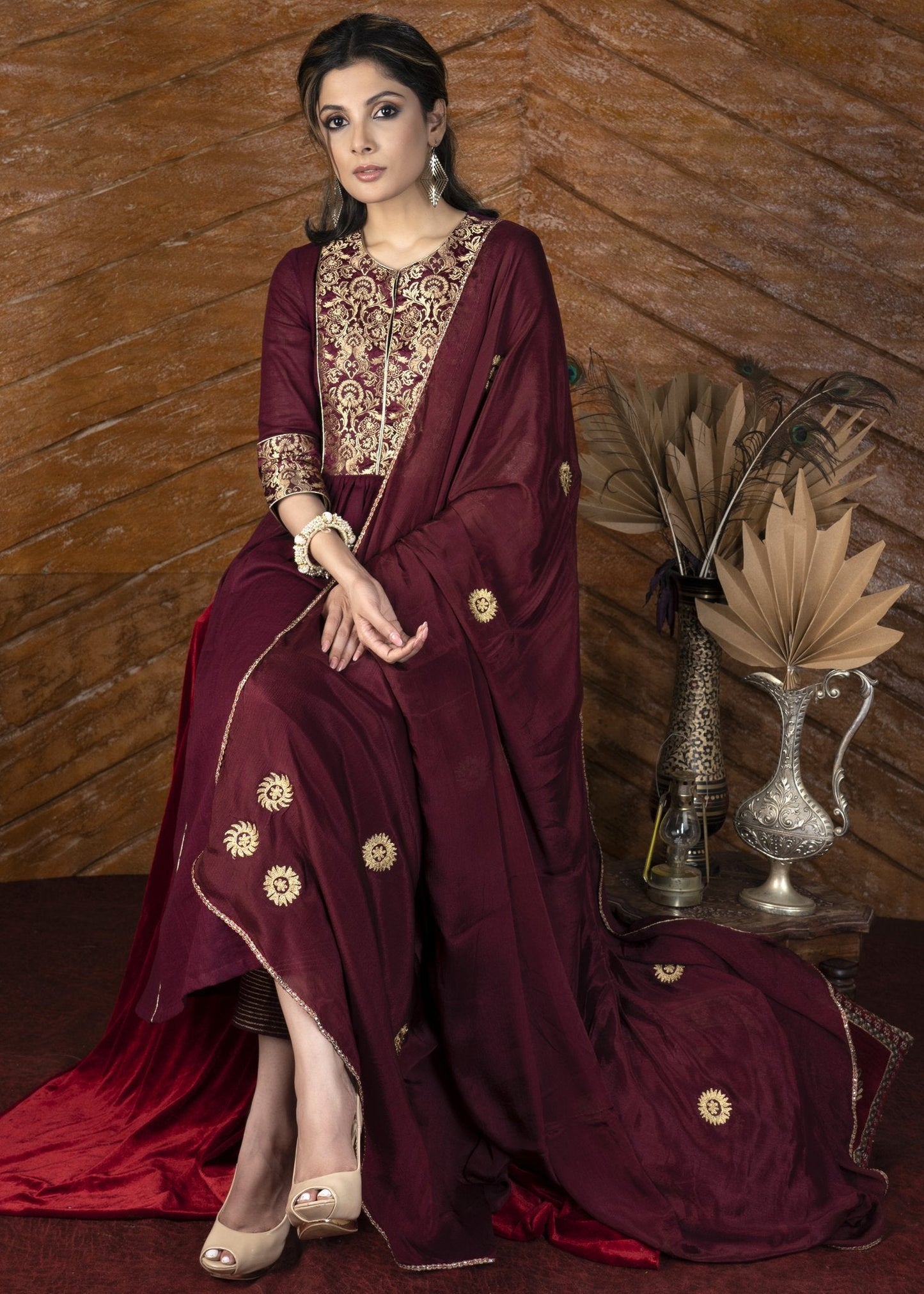 Exclusive wine colored cotton Kurta with brocade yoke & embroidered cotton pants - Dupatta optional.