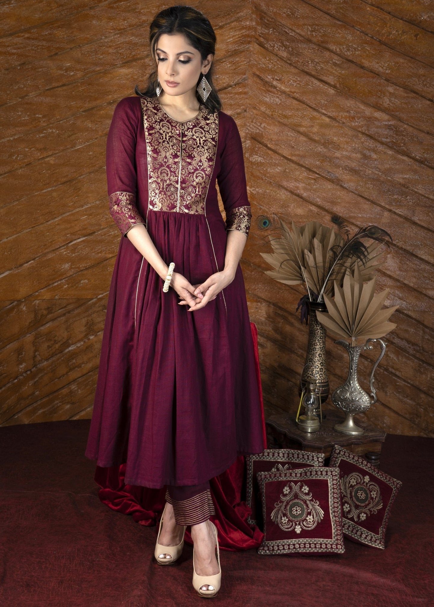 Exclusive wine colored cotton Kurta with brocade yoke & embroidered cotton pants - Dupatta optional.