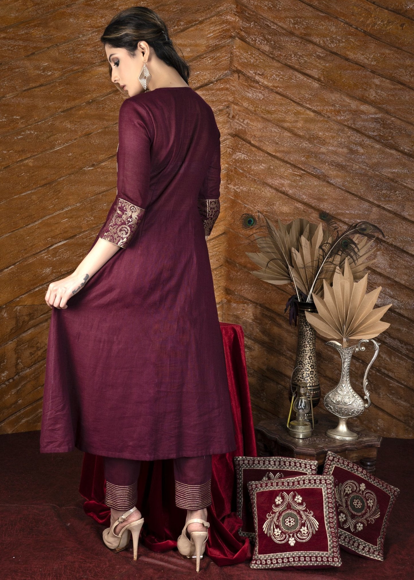 Exclusive wine colored cotton Kurta with brocade yoke & embroidered cotton pants - Dupatta optional.