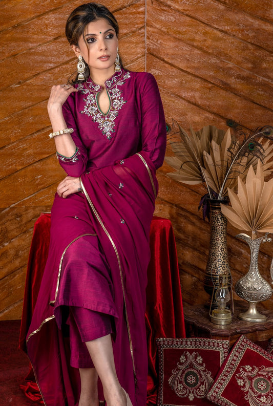 Magenta cotton silk kurta with stone work on yoke with matching pants - Dupatta optional.