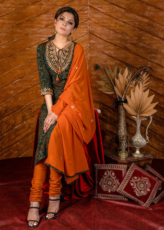 Exclusive hand embroidered Ajrakh block printed kurta & pant set - Dupatta optional.