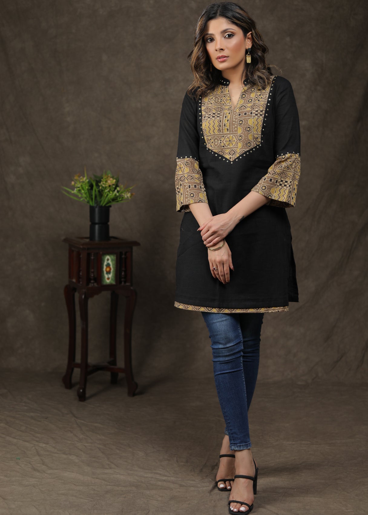 Beautiful Cotton Ajrakh Combination Tunic With Handmade Stone Work