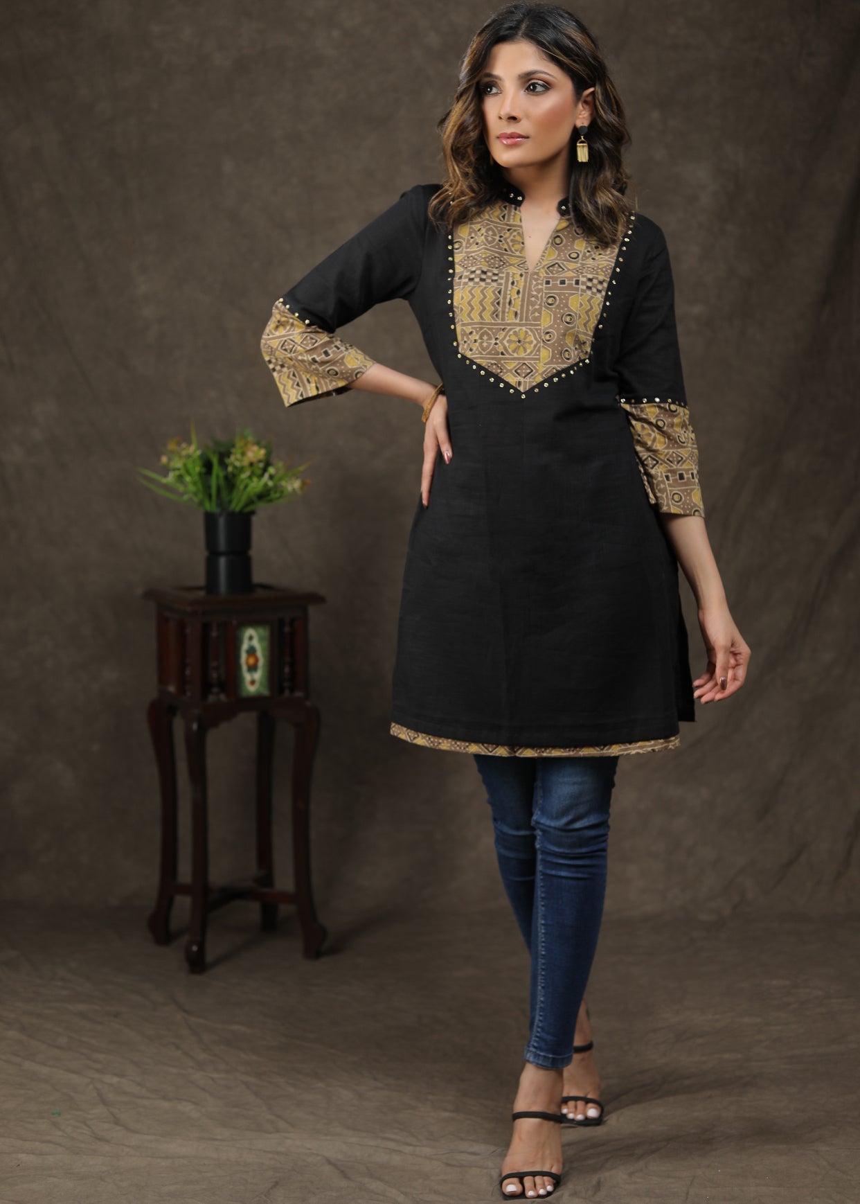 Beautiful Cotton Ajrakh Combination Tunic With Handmade Stone Work