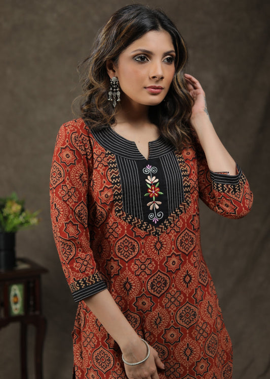 Smart Ajrakh Tunic With Embroidery Work On Yoke