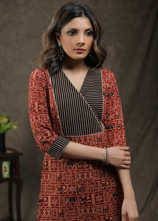 Stylish Cotton Animal Printed Ajrakh Combination Tunic