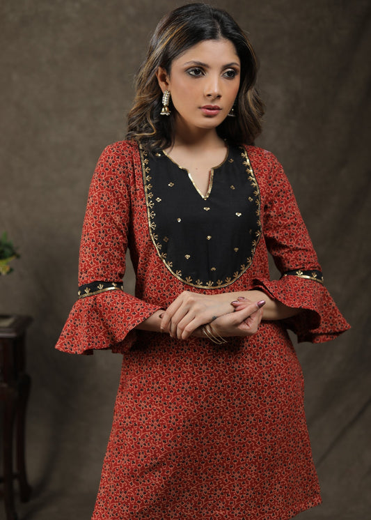 Elgent Cotton Ajrakh Tunic With Attractive Hand Work On Yoke