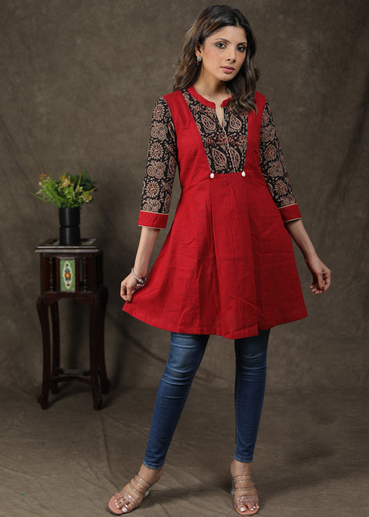 Smart Cotton Ajrakh Tunic With Shell On Yoke