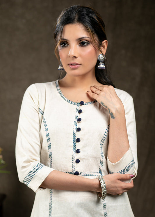 Simple And Stylish Handloom Cotton Tunic with Overall Stitch Embroidery