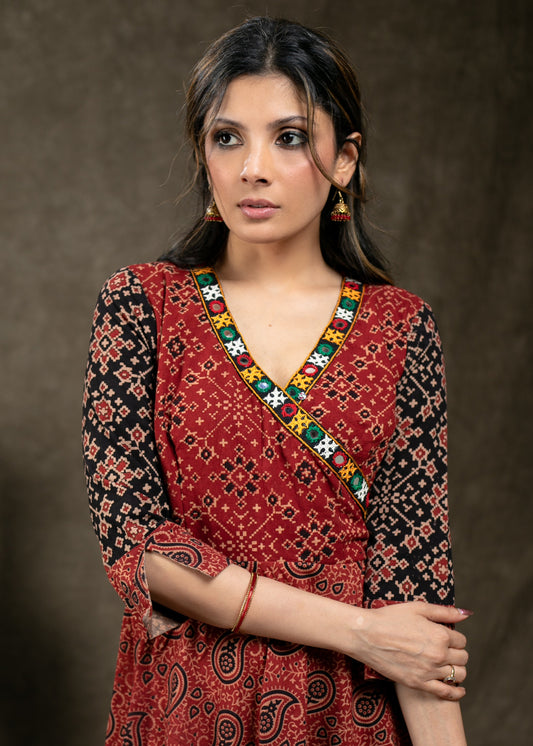 Elegant Ajrakh Combination Tunic with Kutch Work