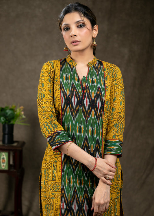 Trendy ikat and ajrakh combination tunic with beautiful stone work