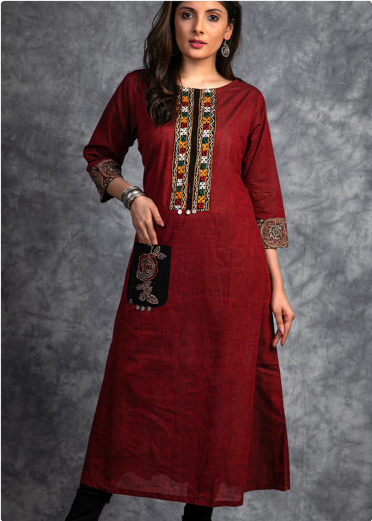 Handloom Kurta with Handmade Kutch mirror Embroidery work