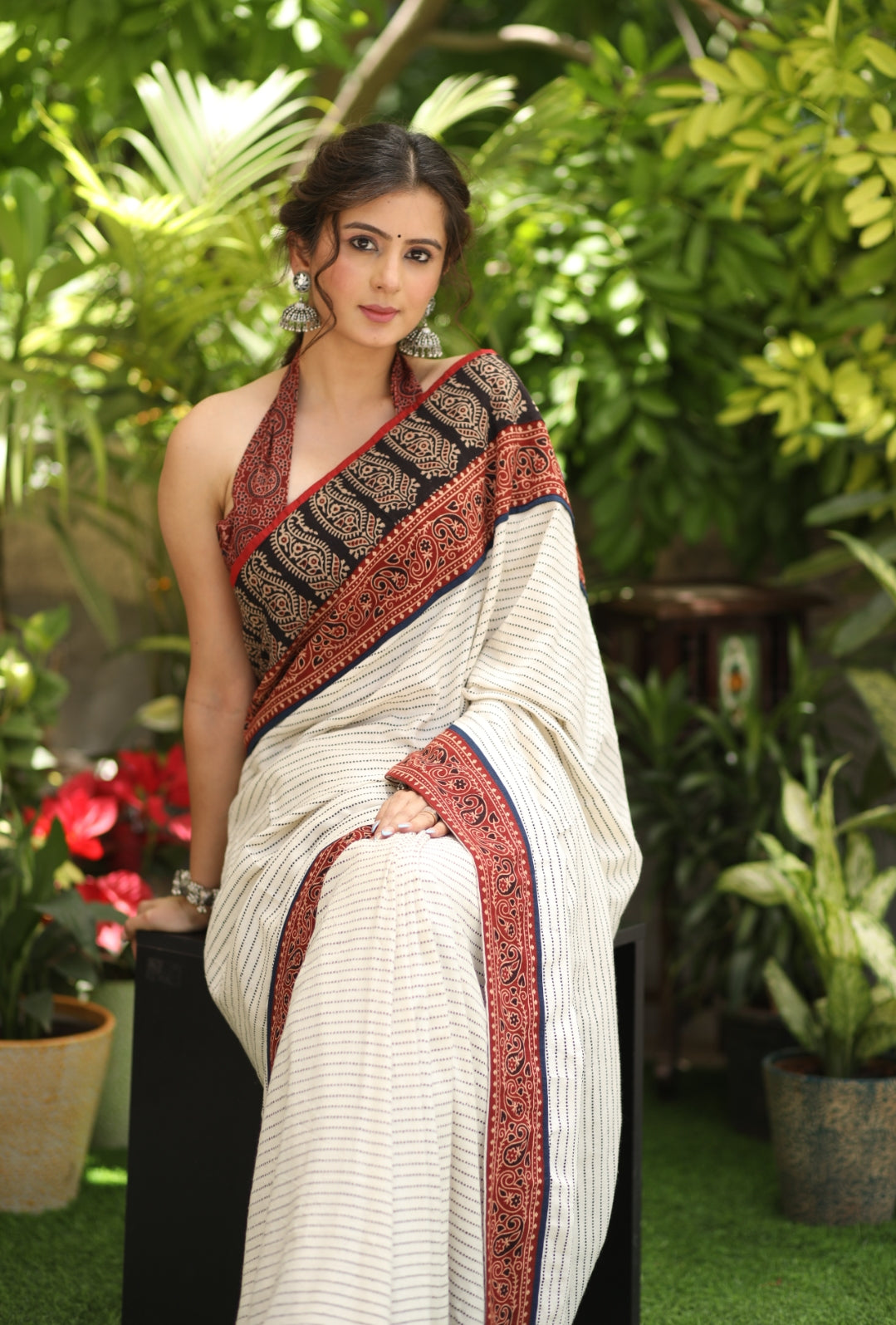 Exclusive handloom cotton saree with Ajrakh border