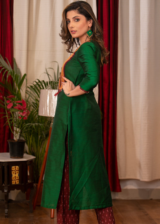 Straight Cut Forest Green Cotton Silk Kurta with Khun Borders and Handmade Kutch Mirror work