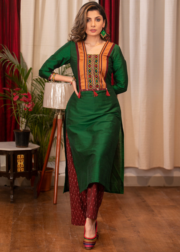 Straight Cut Forest Green Cotton Silk Kurta with Khun Borders and Handmade Kutch Mirror work