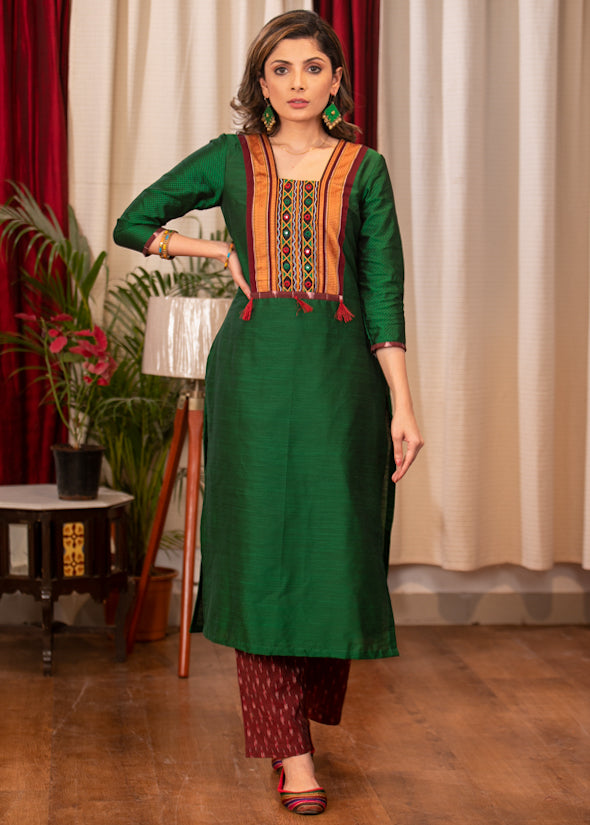 Straight Cut Forest Green Cotton Silk Kurta with Khun Borders and Handmade Kutch Mirror work