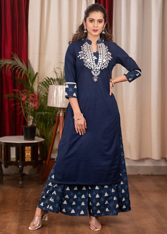 Very Fine Hand made Mirror Embroidery on Blue and Indigo Cotton Straight Cut Kurta