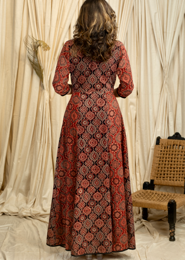 Trendy Occasion wear Gown in Combination Ajrakh Cotton Fabric