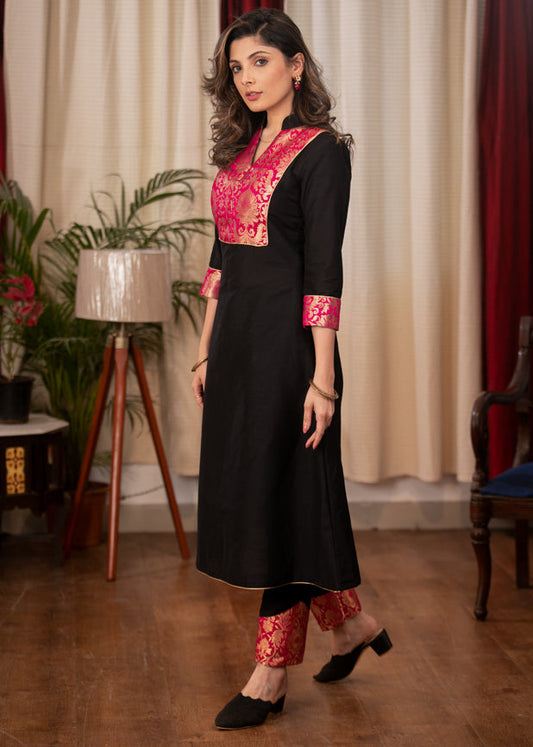 A - Line Black Cotton Silk Banarasi Yoke Kurta, Pant and Crepe Dupatta - 3 Piece