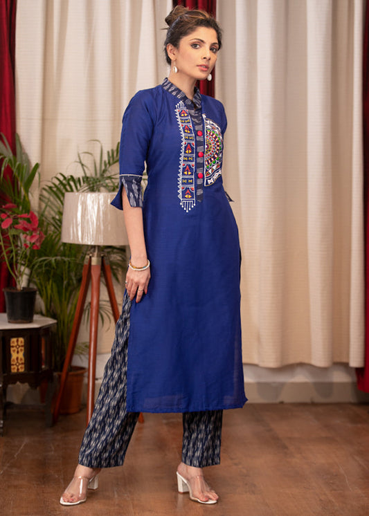 Straight Cut Blue Cotton Silk Kurta with Very Fine elaborate  Hand painting Work