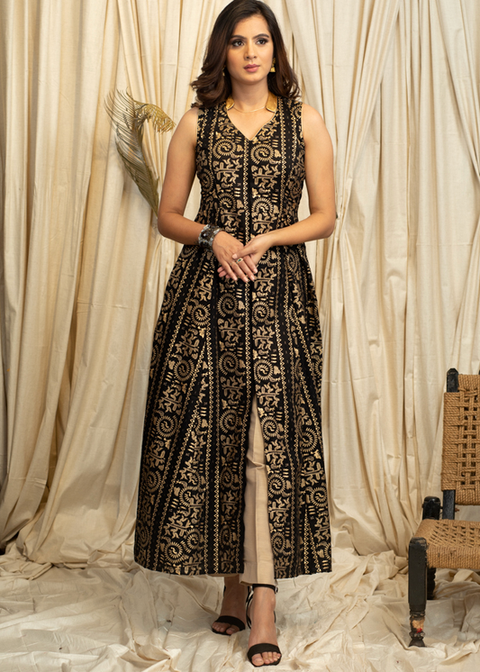 Stylish Gold Foil Printed Fine Cotton A Line Kurta with Center Slit