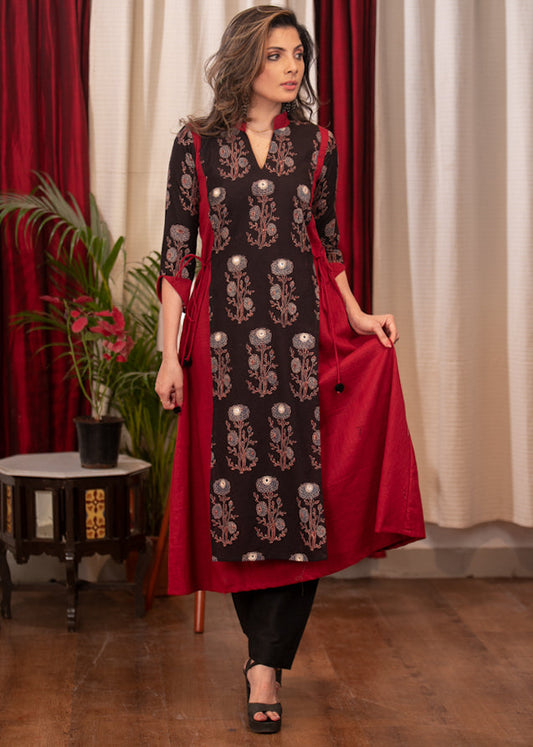 A - Line Maroon Cotton Slub tie string kurta With Beautiful mirror work Ajrakh Panel and Sleeves