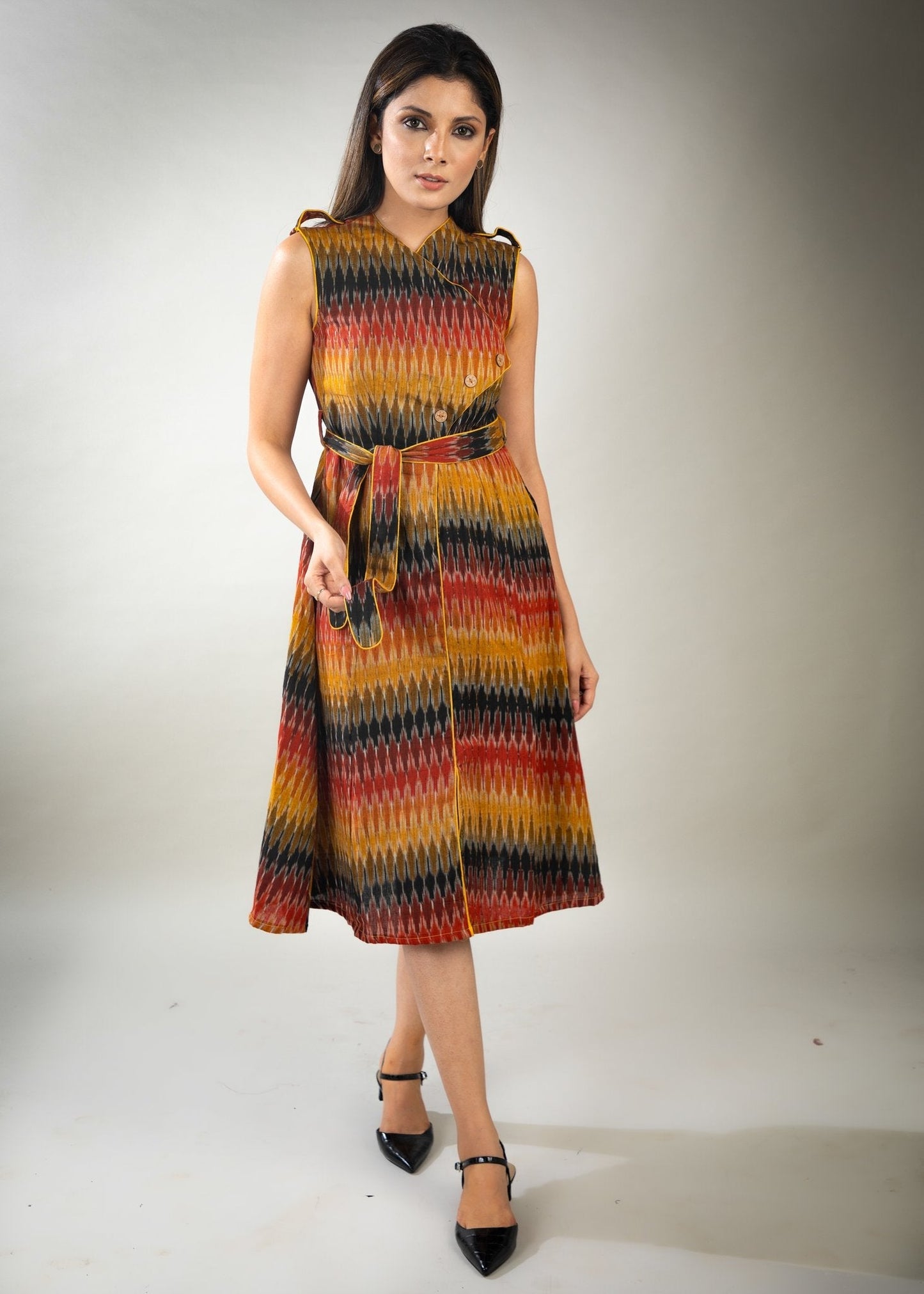 Striped mustard & black ikat dress with asymmetrical front panel cut