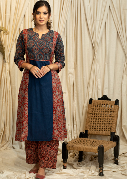 A- Line Cotton Ajrakh Combination Kurta