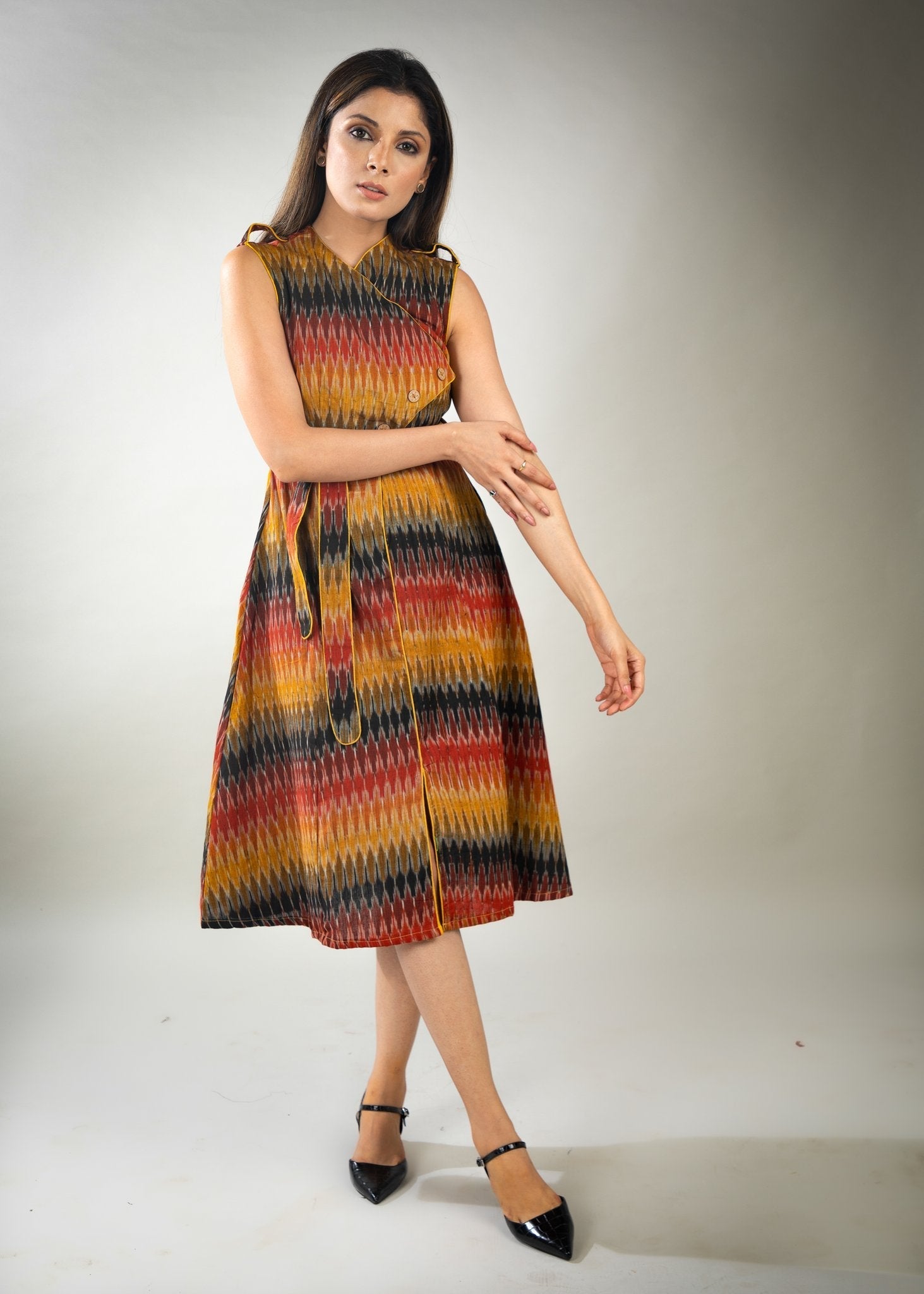 Striped mustard & black ikat dress with asymmetrical front panel cut