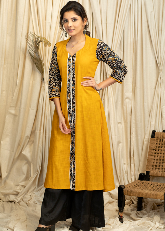 A  - line Mustard Cotton Handloom Kurta with Bright kalamkari Print