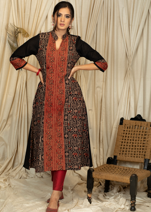 A  - line Ajrakh Combination Kurta in Animal Print