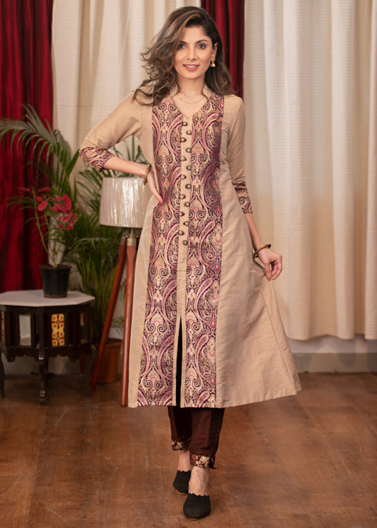 A- Line Beige Cotton Silk Kurta with Elegant Multi Colour Banarasi Panel