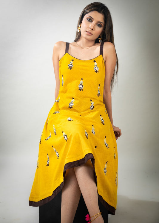 Mustard Cotton antique motif embroidery strapy dress