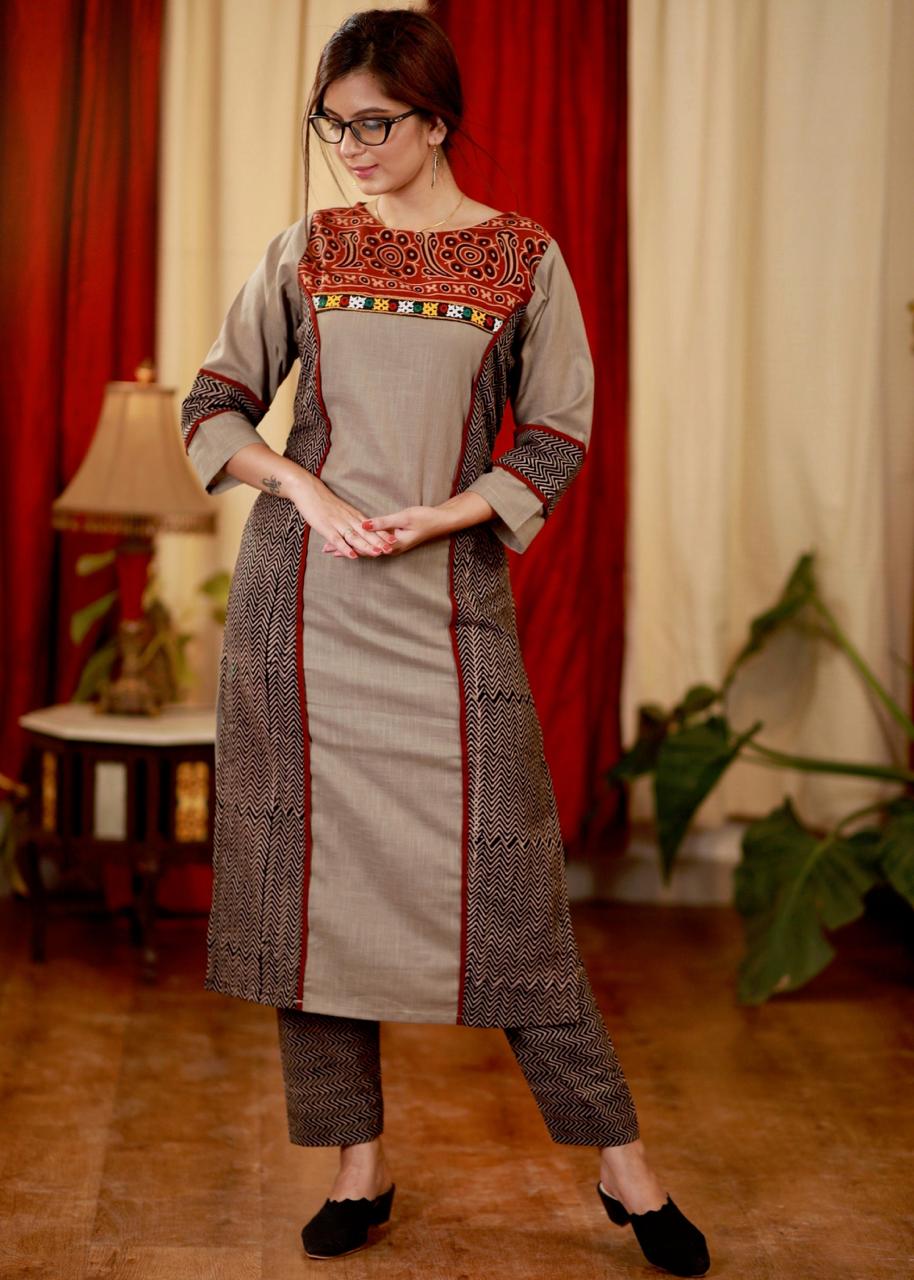 Straight cut Cotton Ajrakh kurta with Contrast Yoke and Hand Made Kutch Mirror work