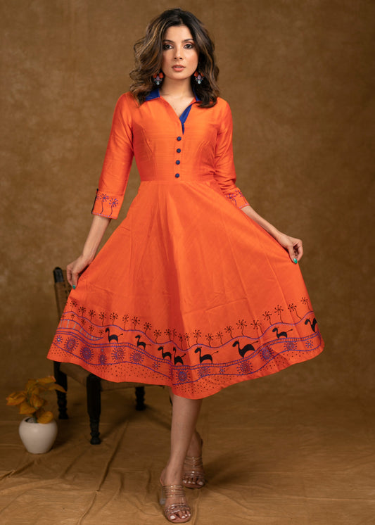 Exclusive Orange Cotton Silk Dress with Gond Painting on Hemline and Sleeves