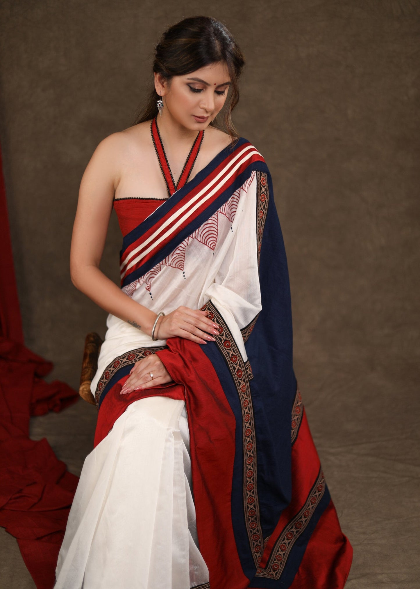 Designer White,Blue Chanderi & Cotton Silk Combination Saree Highlighted with Handpainted Temple Motif