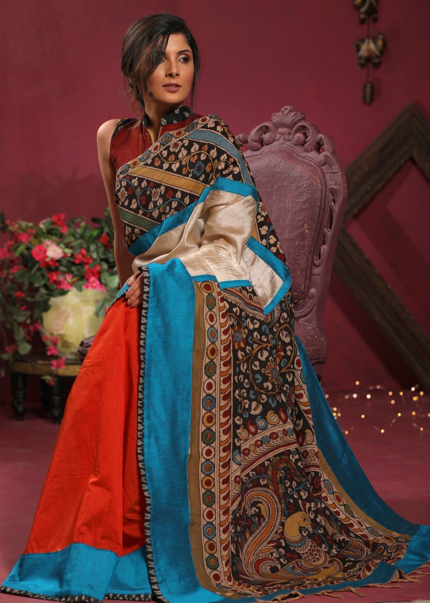 Saree - Combination Of Tussar Silk And Chanderi Pleats Saree With Hand Painted Kalamkari Pallu