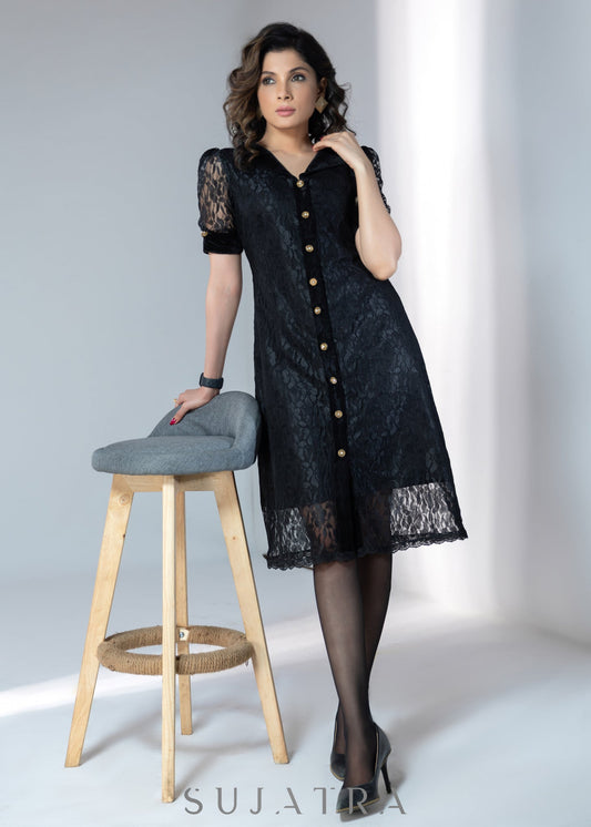 Black lace dress with velvet collar & handmade buttons