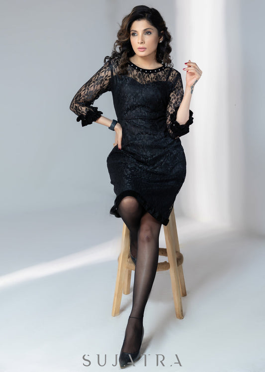 Elegant Black lace dress with velvet cuffs & stone detailing