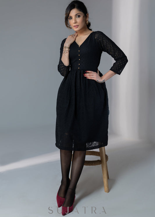 Black embroidered elbow sleeves dress with gold buttons