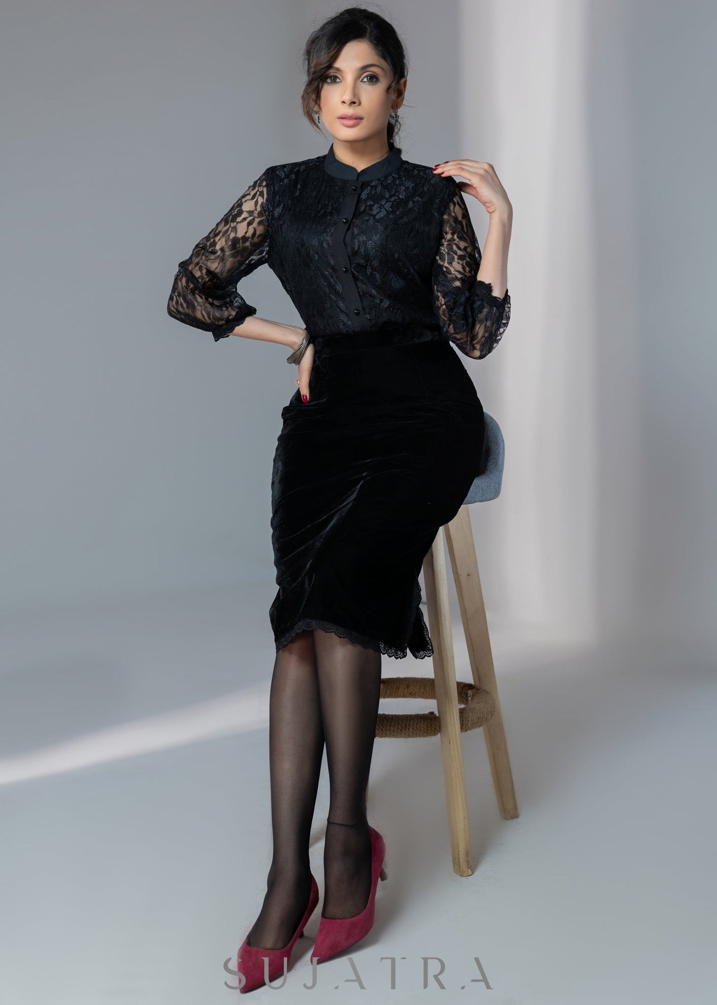 Exclusive evening wear black velvet skirt