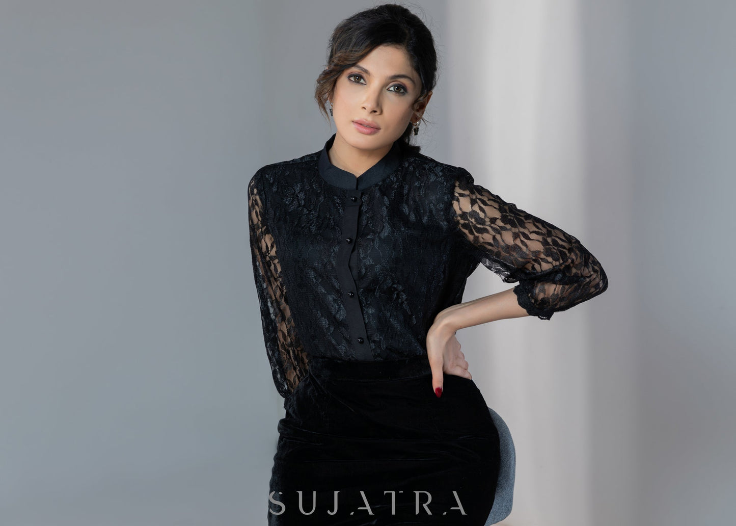 Exclusive evening wear black lace top with optional black velvet skirt