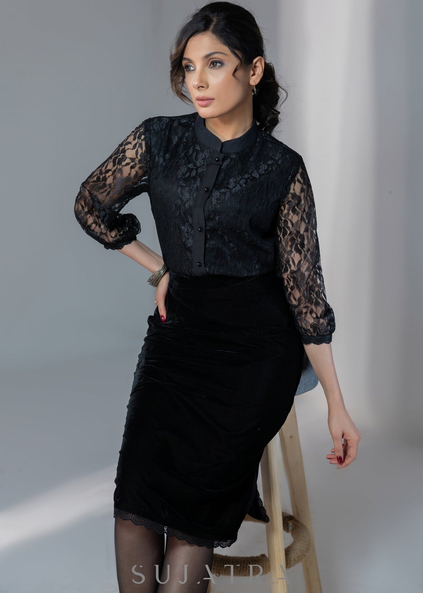 Exclusive evening wear black lace top with optional black velvet skirt