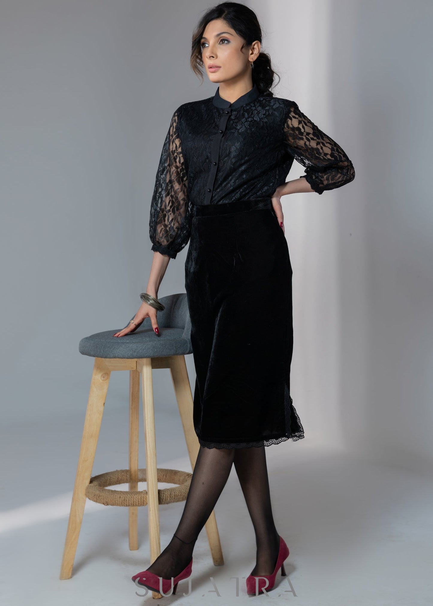 Exclusive evening wear black lace top with optional black velvet skirt