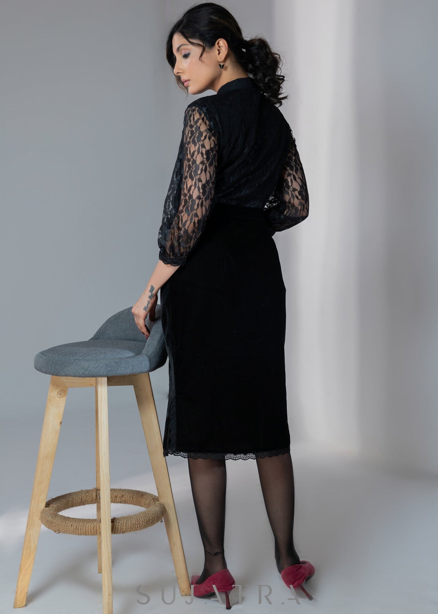 Exclusive evening wear black lace top with optional black velvet skirt