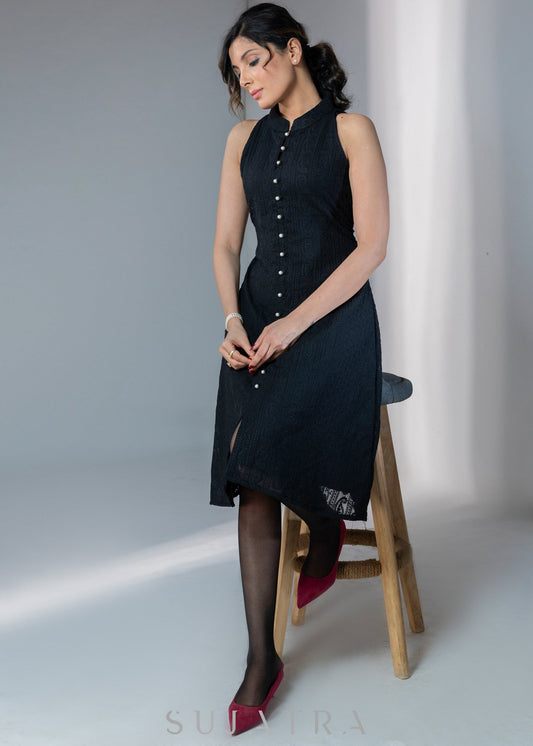 Smart Black embroidered halter dress with pearl buttons