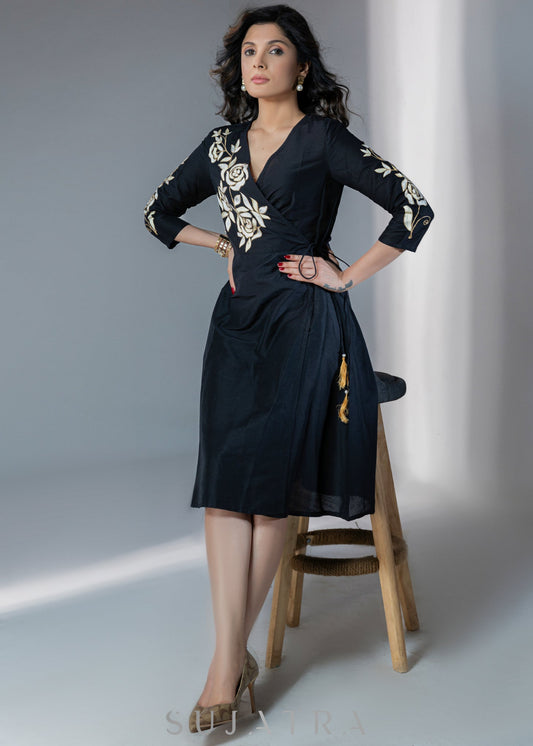 Beautiful cotton silk dress with golden floral embroidery